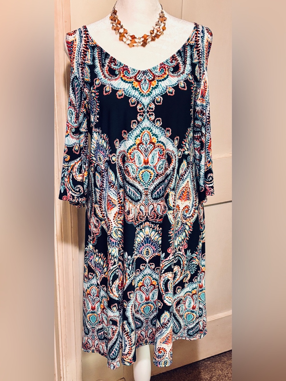 Tiana B. Paisley Bell‑Sleeve Dress (Size 8)